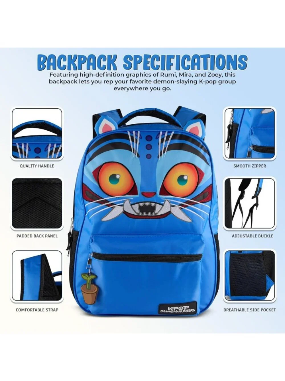K-Pop Demon Hunters 16” Girls' Backpack with 3D Ears, Embroidery & Bag Charm